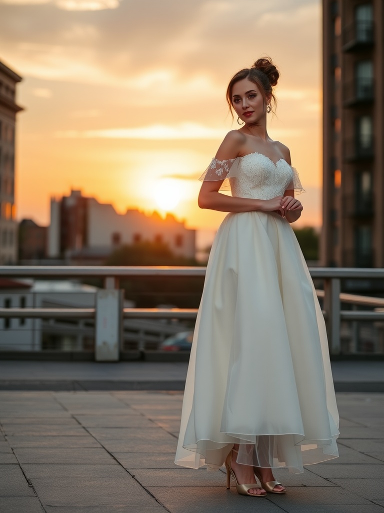 A bride in a short off-the-shoulder wedding dress poses during sunset, showcasing a playful and elegant bridal look.