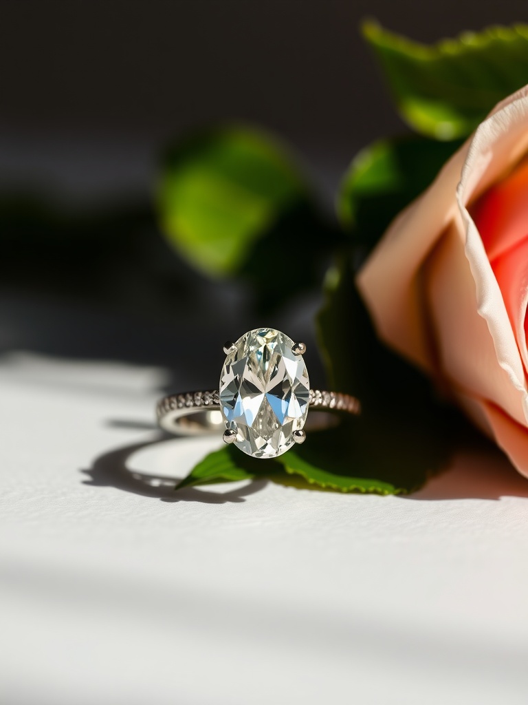 An elegant oval cut diamond engagement ring displayed near a pink rose.