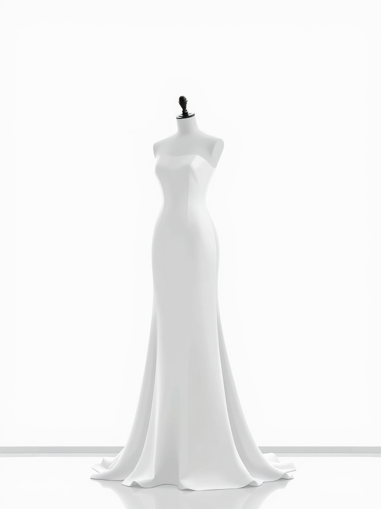 A sleek column wedding dress displayed on a mannequin against a white background.