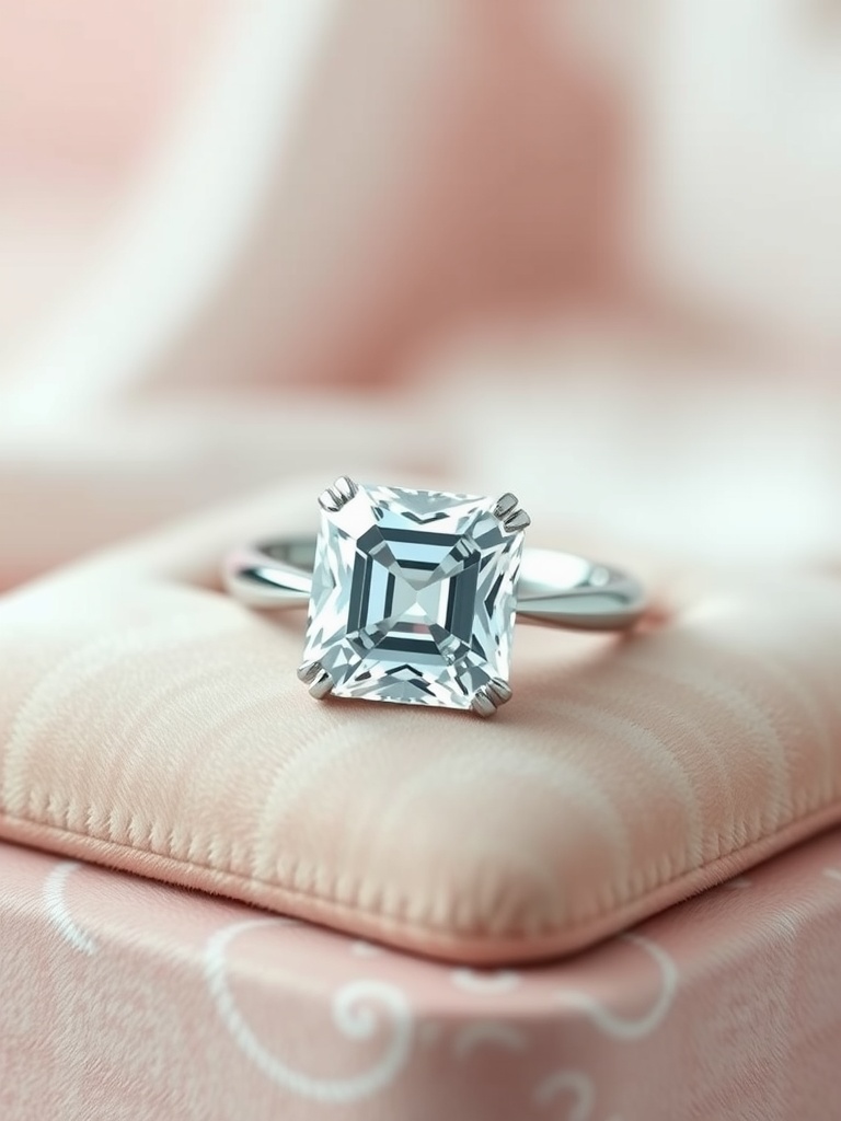 Close-up of a cushion cut engagement ring resting on a soft pink cushion.