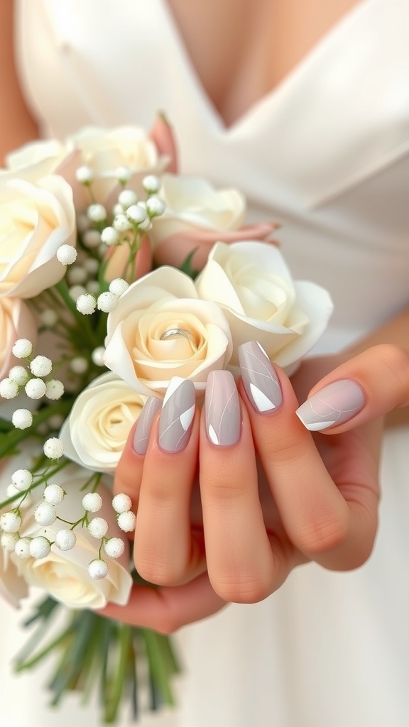 A close-up of delicate marble effect wedding nails in neutral tones, with a soft bouquet of white and pink roses.