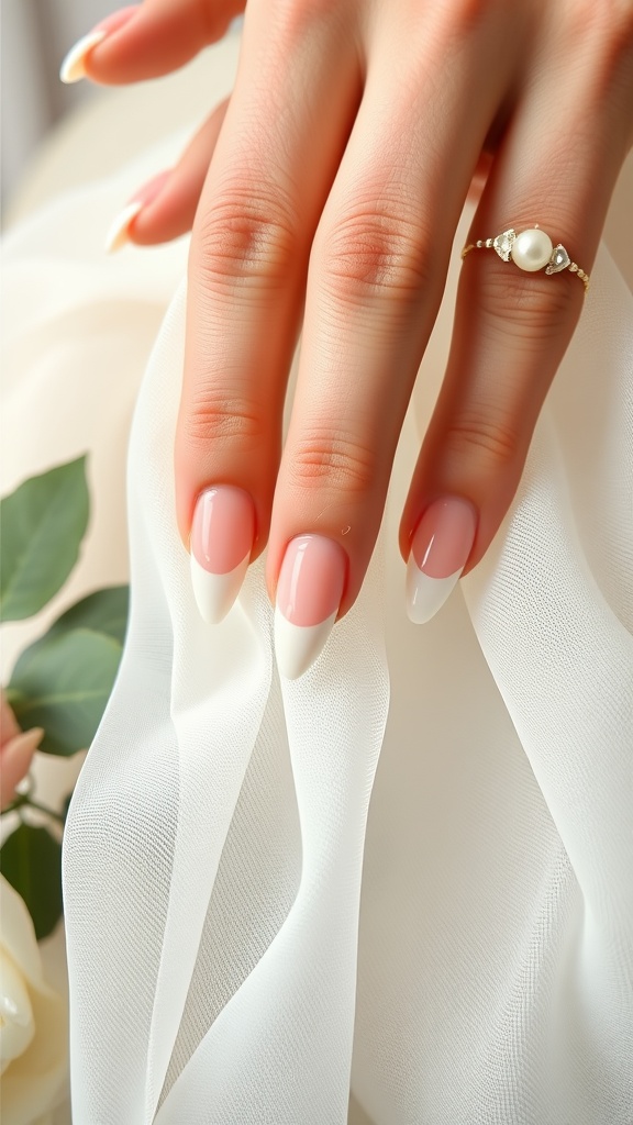 A close-up of a hand with delicate pearl embellished nails, featuring a soft pink base and white tips.