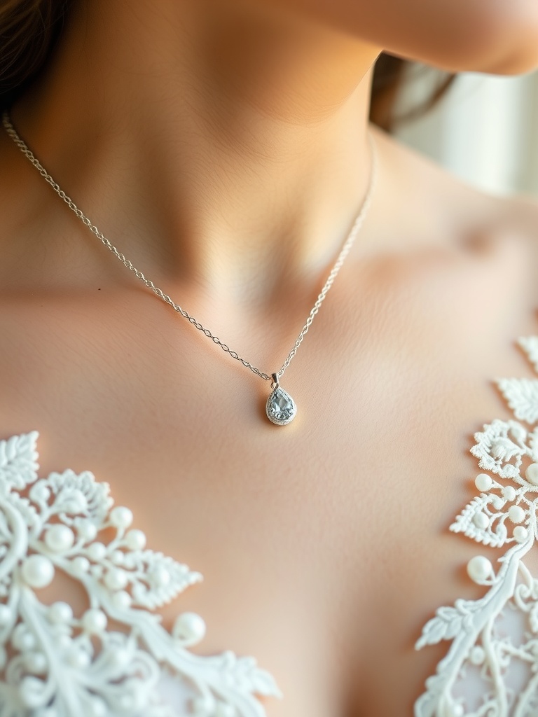 A close-up of a delicate pendant necklace worn by a bride, featuring a simple design that complements her lace wedding dress.