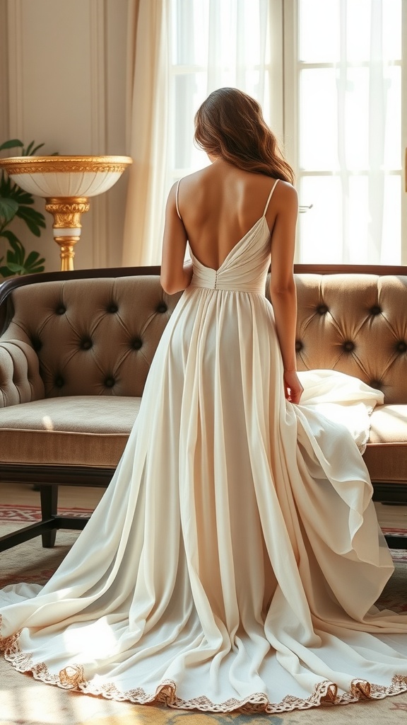 A model wearing a delicate silk dress with soft draping, showcasing an elegant open back while standing in a stylish interior.