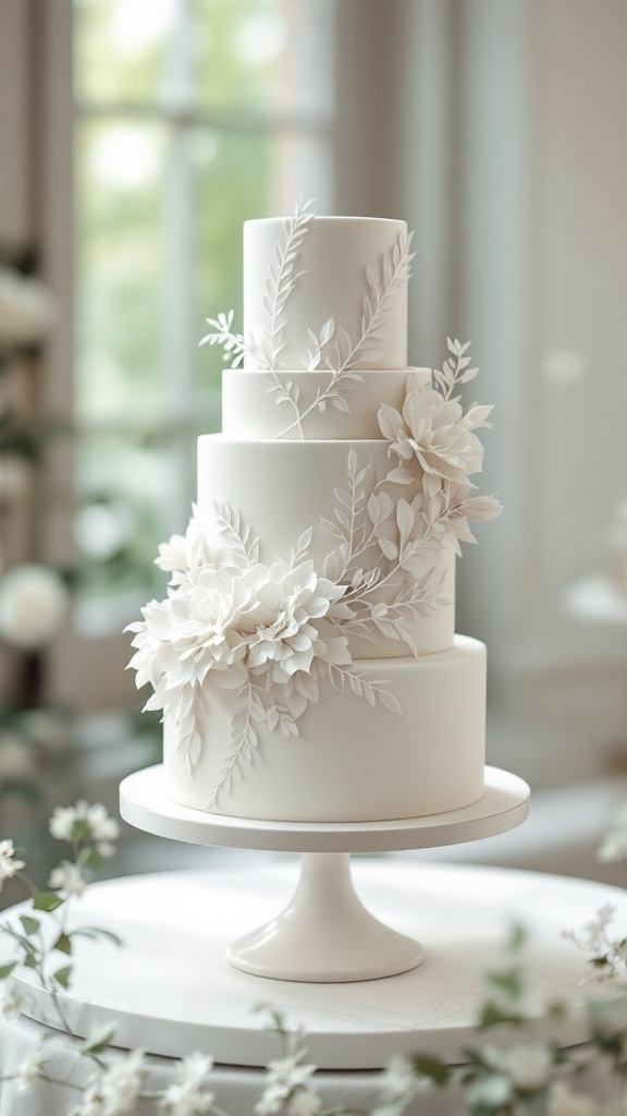 A minimalist wedding cake with sugar flowers and leaves, showcasing delicate sugar artistry.