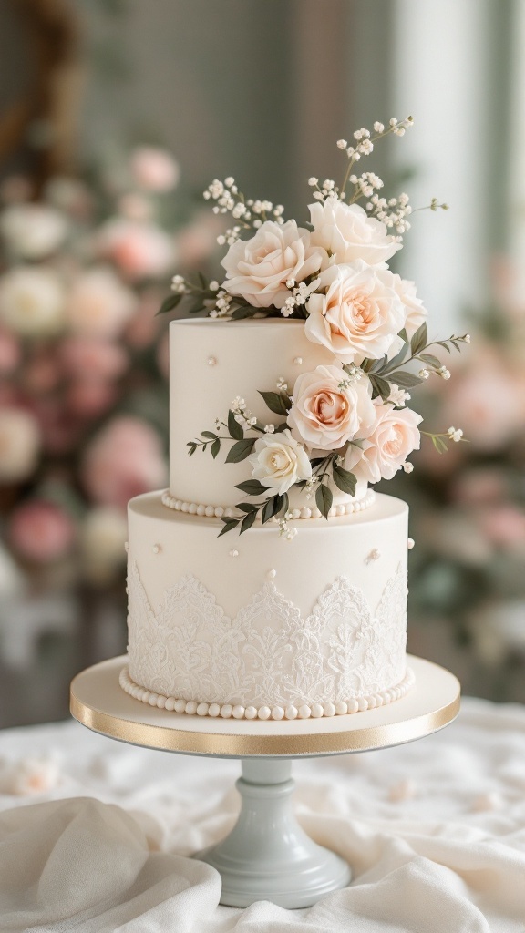 A vintage wedding cake with delicate sugar flowers in soft pink and white hues, featuring elegant lace detailing and a gold trim.