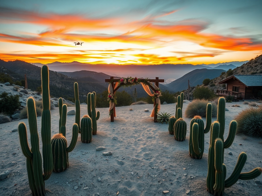 Wedding altar in a desert mountain landscape with sunset