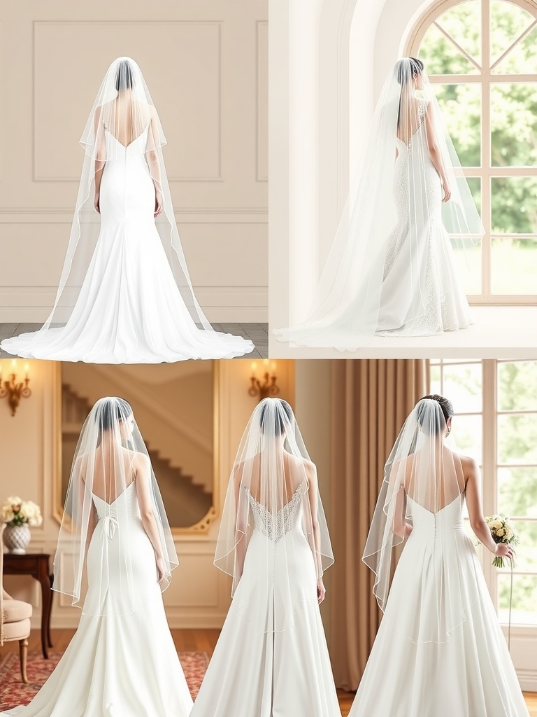A collage of brides wearing different styles of bridal veils with elegant wedding dresses showcasing various necklines and silhouettes.