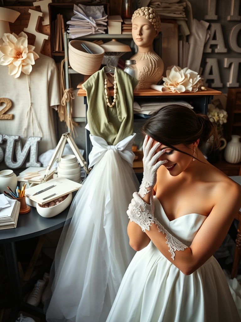 A bride in a creative workspace, trying on lace gloves, surrounded by wedding preparations.