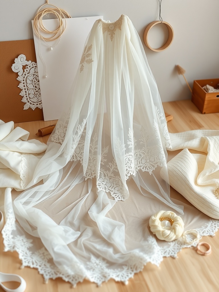 A beautifully designed bridal veil with lace and embroidery, surrounded by crafting materials.