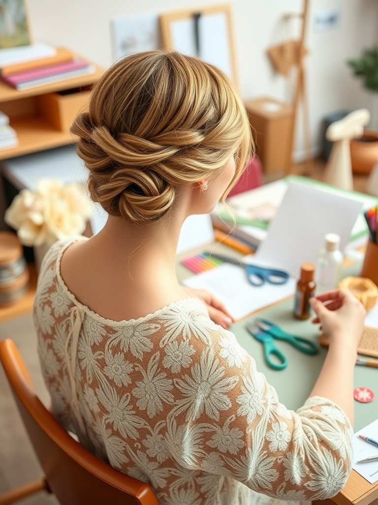 A woman with a stylish updo hairstyle, working on DIY hair accessories at her desk.