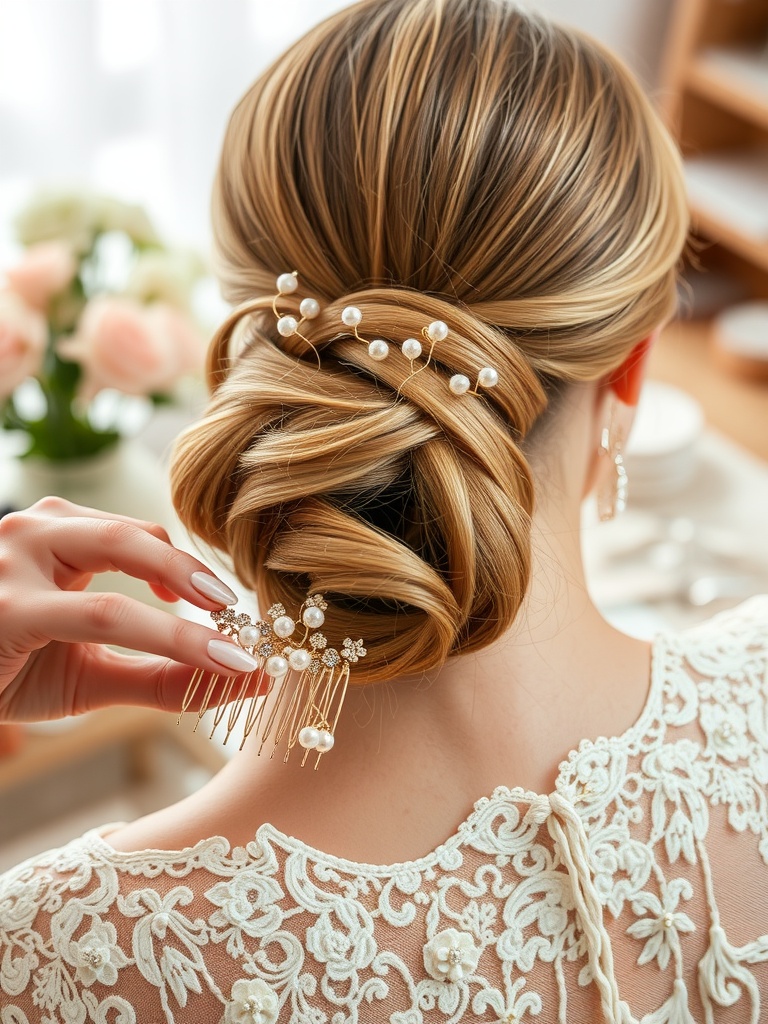 A bride showing off her hair accessories, including bridal hair pins and a comb, styled in an elegant updo.