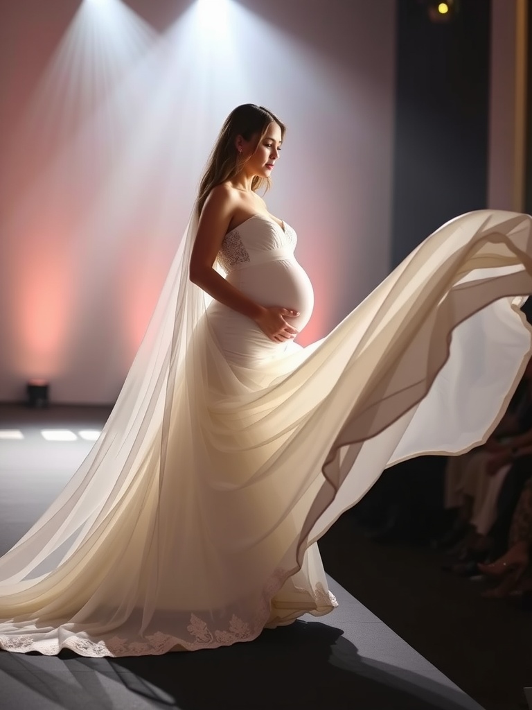 A pregnant bride showcasing a stunning white gown with a dramatic train