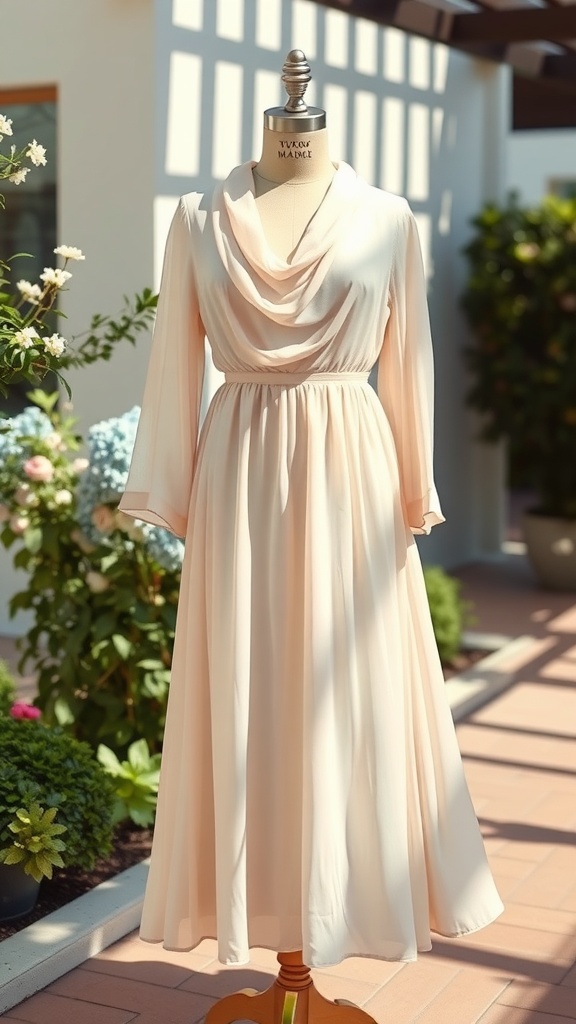 A beautiful draped cowl neck dress displayed on a mannequin in a garden setting.