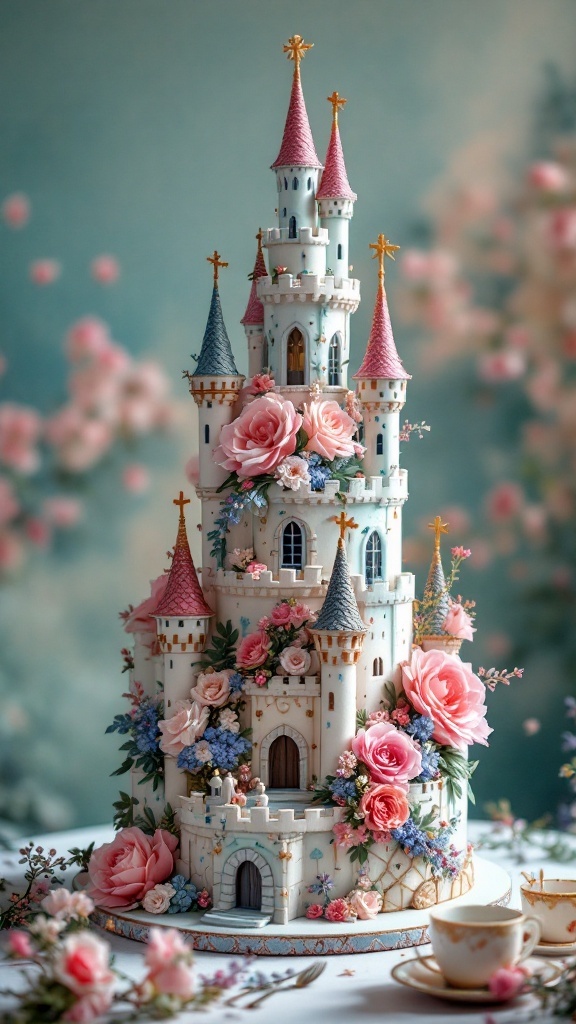 A beautiful castle wedding cake decorated with flowers, featuring pink towers and intricate designs.