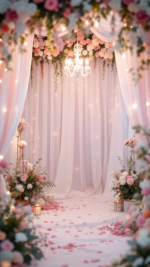 A romantic wedding photo booth backdrop with flowing drapes, flowers, and a chandelier