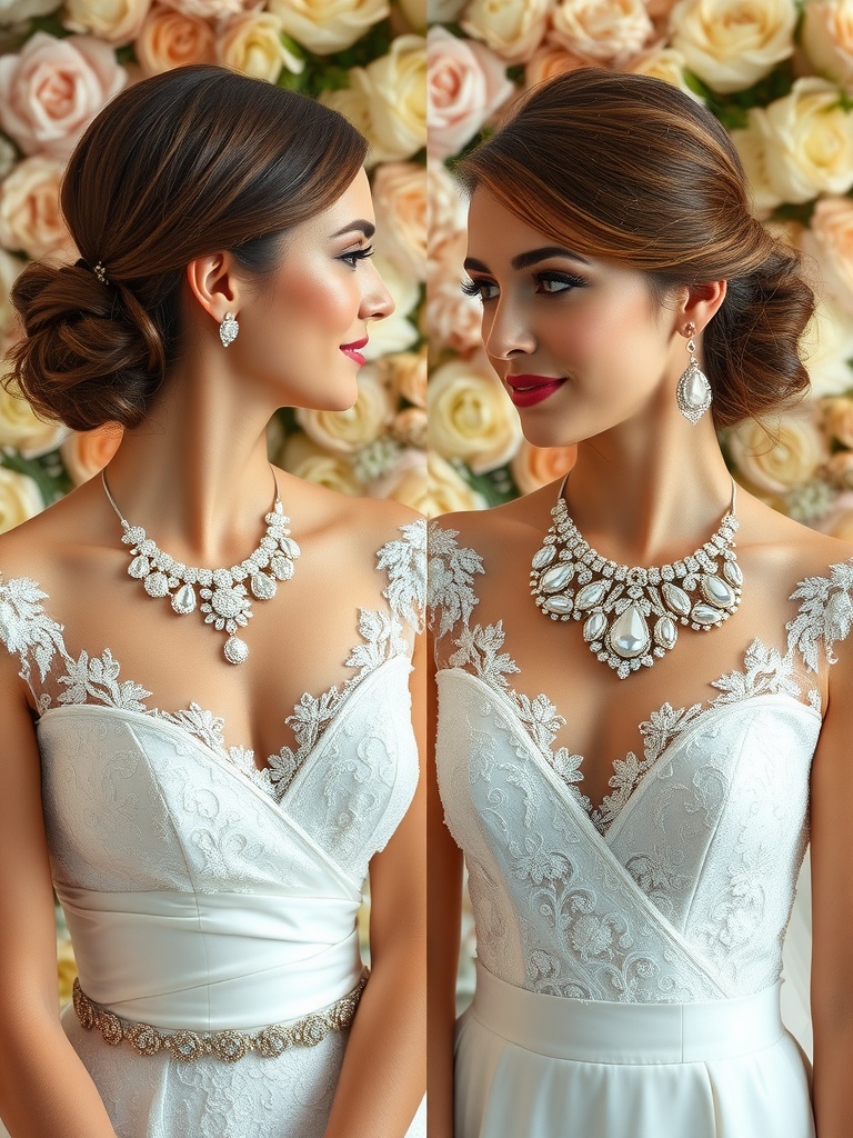 Bridal jewelry featuring earrings and necklace options for different hairstyles.