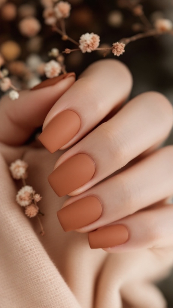 A bride's hands holding a bouquet of flowers with elegant neutral wedding nails