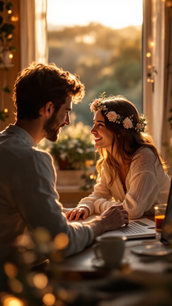 A couple smiling at each other in warm, soft lighting, with a cozy atmosphere.