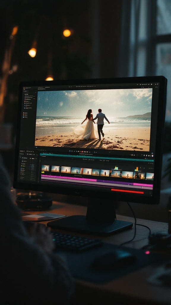 Editing screen displaying a couple walking on the beach, showcasing pre-wedding videos.