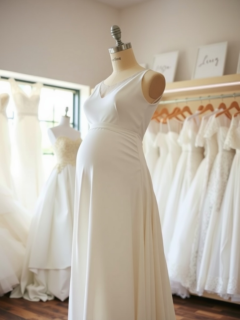 A mannequin wearing a simple and elegant white A-Line maternity wedding dress, surrounded by other bridal dresses in a boutique.