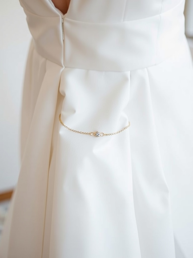 Close-up of a delicate gold ankle bracelet worn with a minimalist bridal dress.