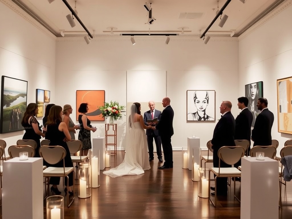 An elegant wedding ceremony in an art gallery with guests seated and couple exchanging vows.