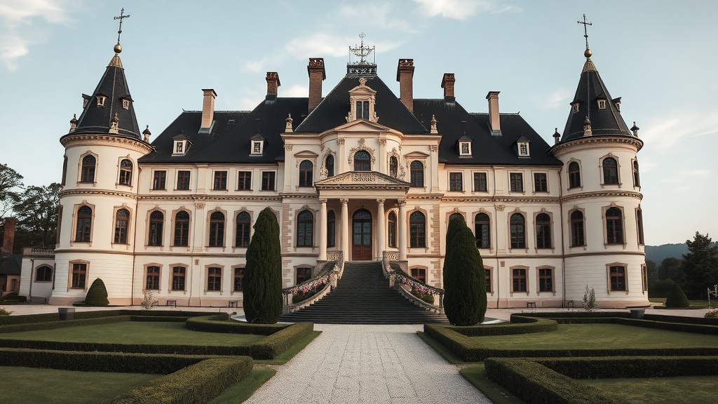 Outdoor wedding ceremony at a castle estate in Austria with guests seated and a couple exchanging vows.