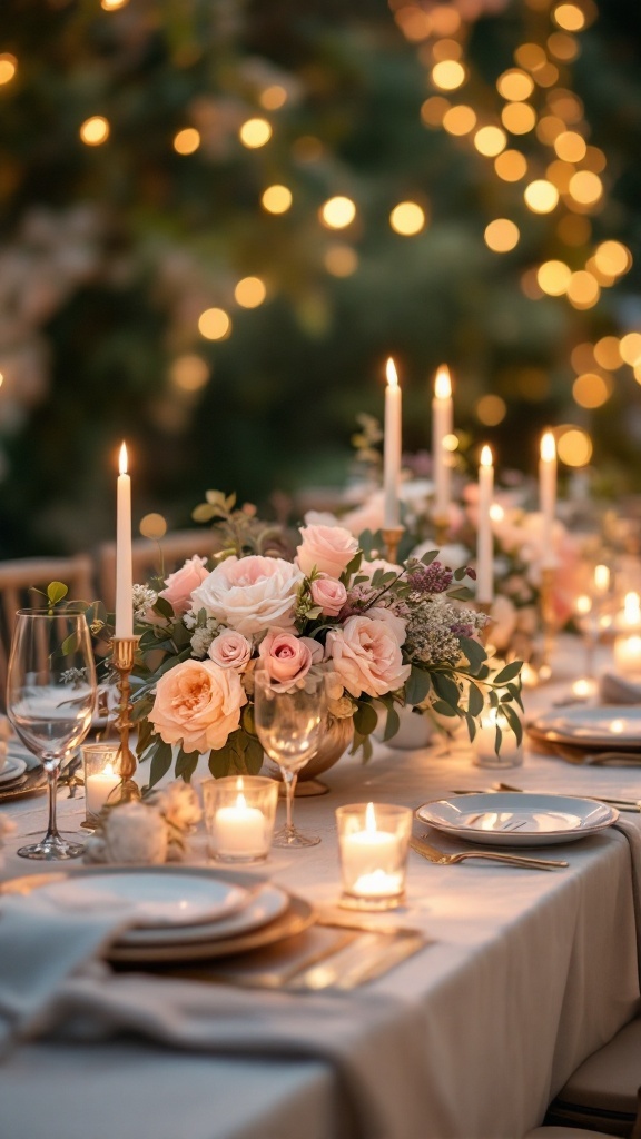 Elegant wedding table decorated with floral centerpieces and candles.