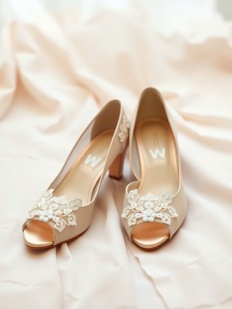 A pair of stylish low-heeled bridal shoes with floral embroidery, placed on soft fabric.