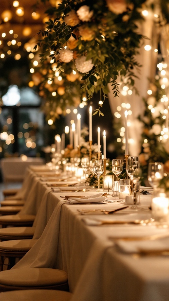 A beautifully decorated table for a small wedding with candles, flowers, and twinkling lights in a cozy setting.
