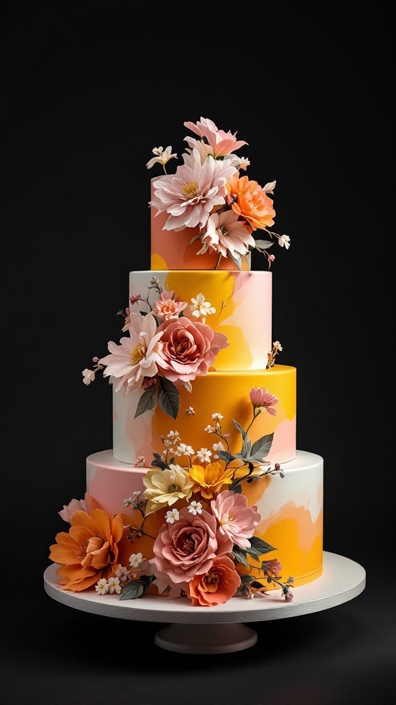 An elegant multi-tier wedding cake decorated in monochrome design with intricate details.