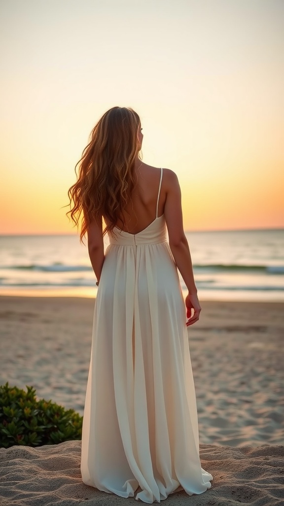 A woman in an elegant off-white dress standing on the beach at sunset