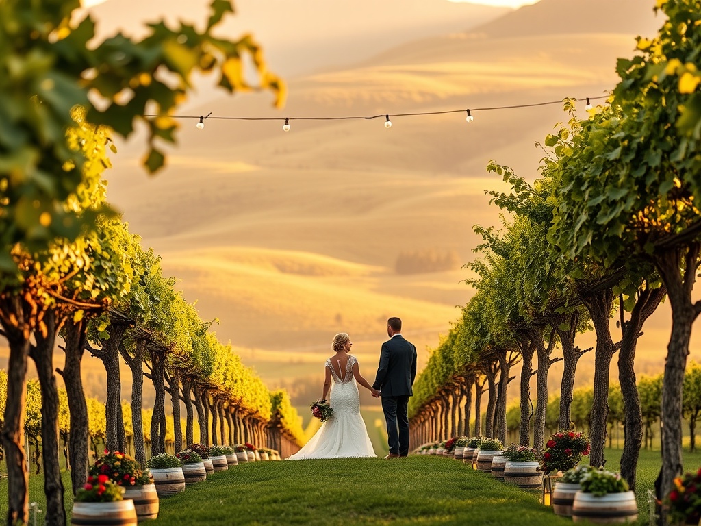 A couple walking through a vineyard in Oregon, surrounded by grapevines and hills at sunset