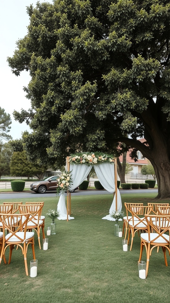 Outdoor wedding ceremony setup with wooden arch, floral decor, and wooden chairs