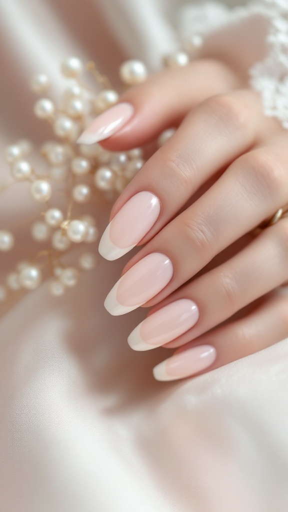 Elegant pearl French tip nails on a hand adorned with pearl accessories