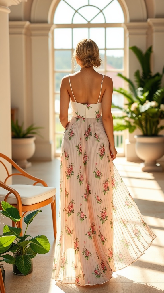 A woman wearing an elegant pleated dress with floral patterns, standing in a bright indoor setting.