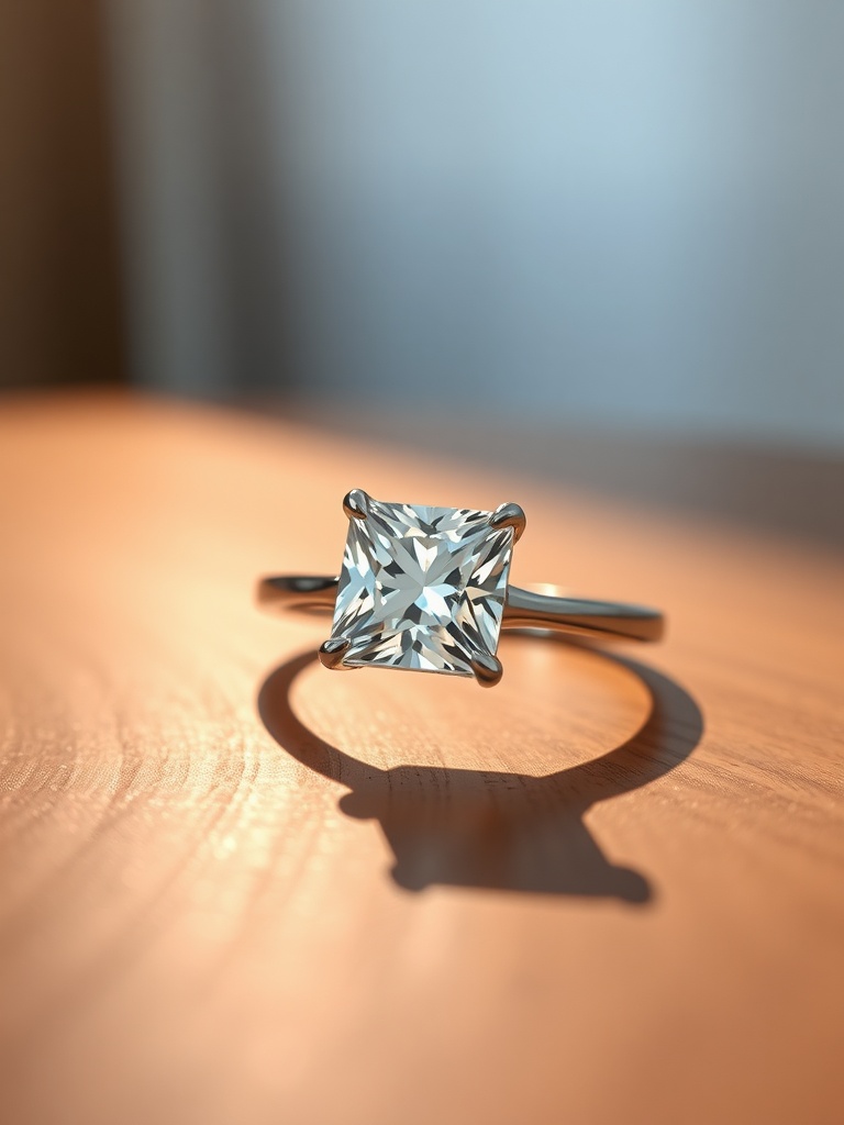 A beautiful princess-cut diamond engagement ring on a wooden surface.