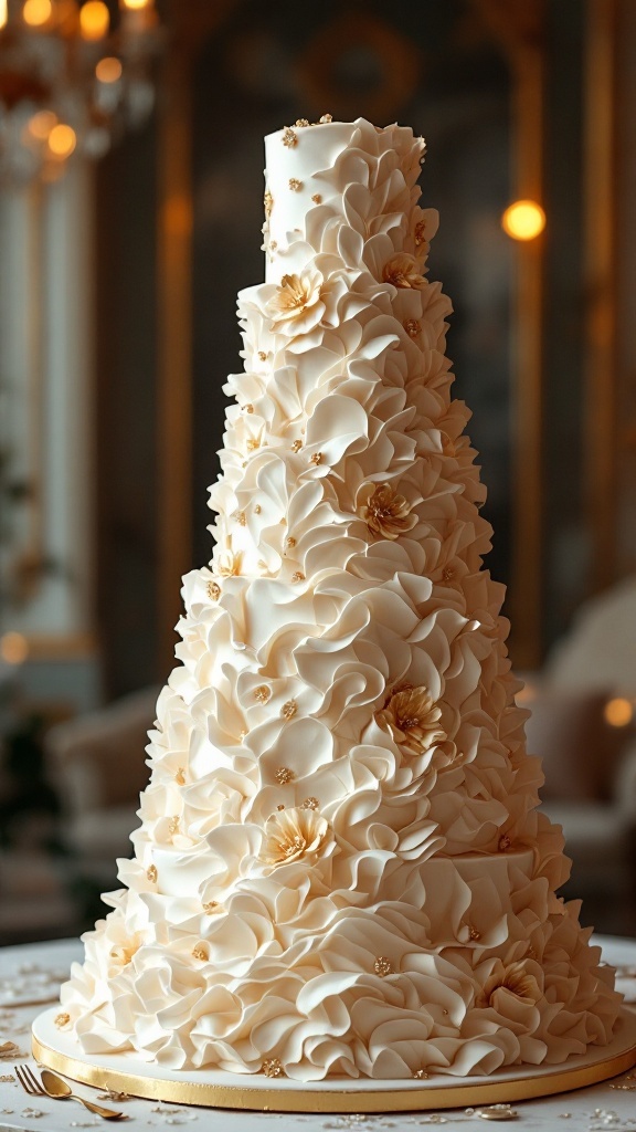 A luxury wedding cake featuring elegant ruffle design and gold floral accents