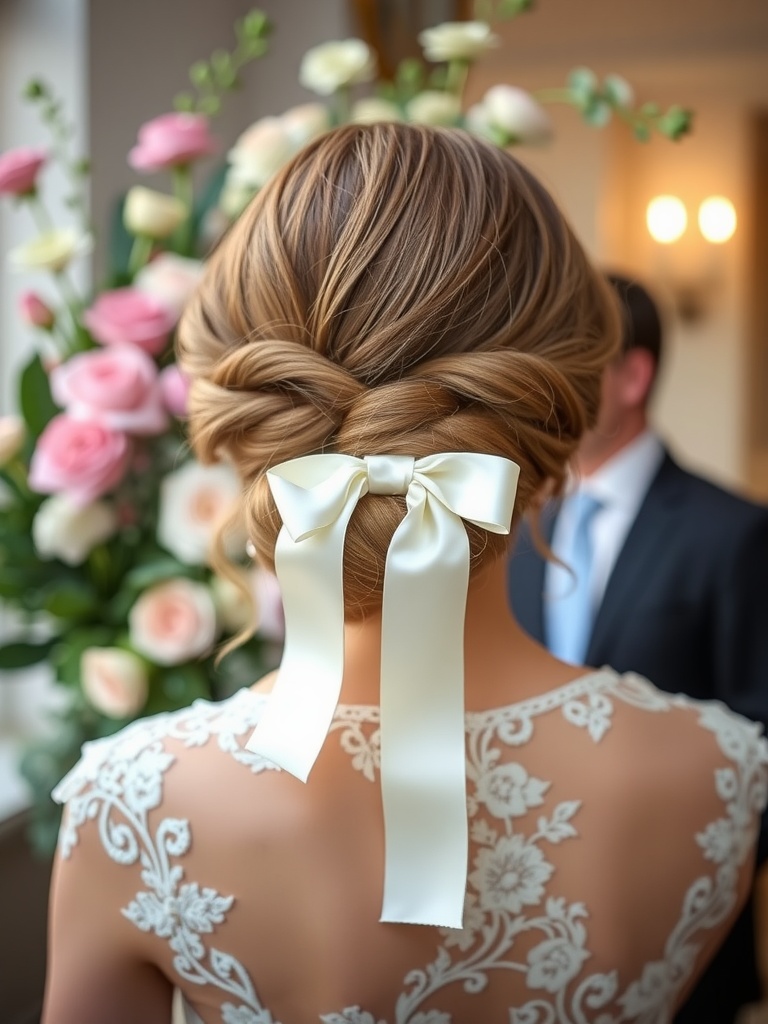 A bride with a stylish updo adorned with a satin ribbon tie, surrounded by flowers.