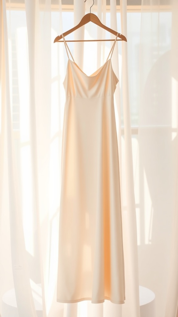 A light satin slip dress hanging on a wooden hanger against a bright background.