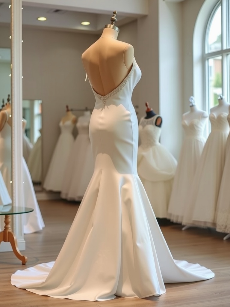 A stylish fit and flare wedding dress displayed in a bridal shop, featuring a fitted bodice and a flared skirt.