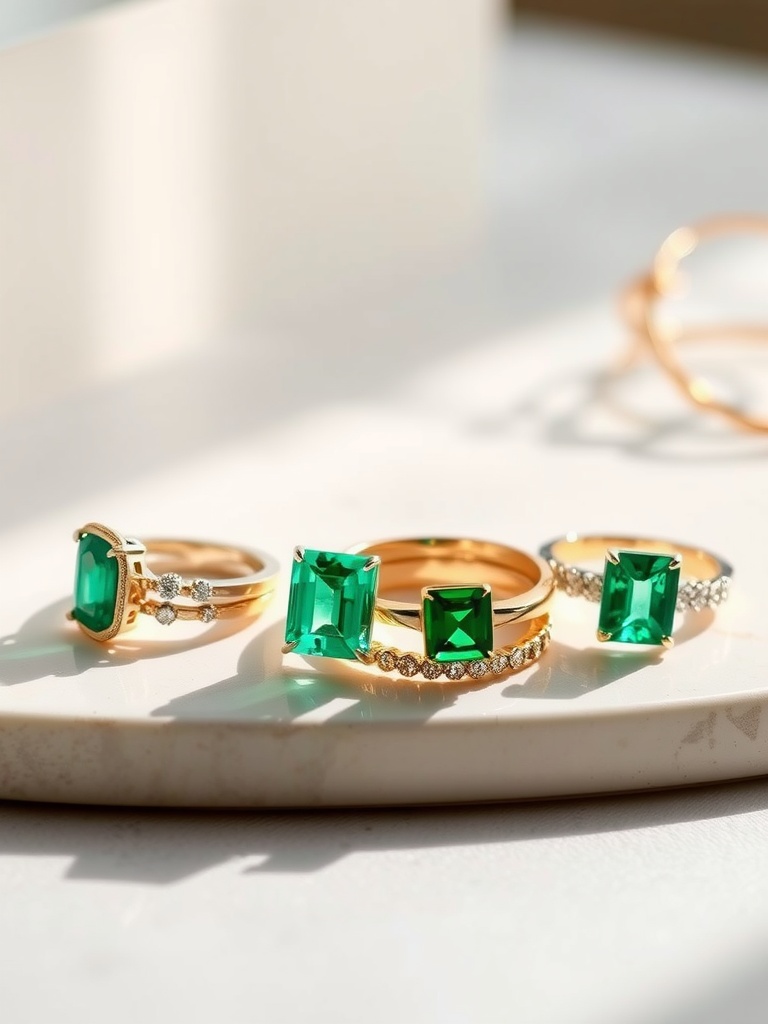 A collection of elegant stackable emerald cut rings displayed on a white surface