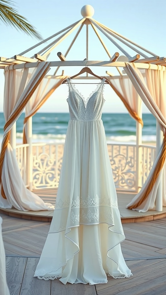 A beautiful tea-length dress with lace detail, hung on a wooden hanger, against a backdrop of a beach gazebo.