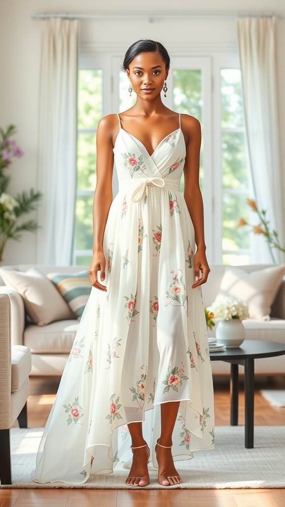 A model wearing a light floral two-piece dress set, perfect for summer weddings.