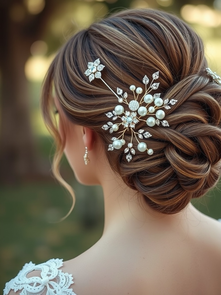 A close-up view of a bridal updo hairstyle featuring a decorative hair comb with pearls and crystals.