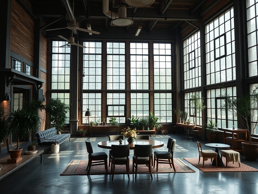 A spacious urban loft with large windows, plants, and stylish furniture, perfect for a wedding venue.