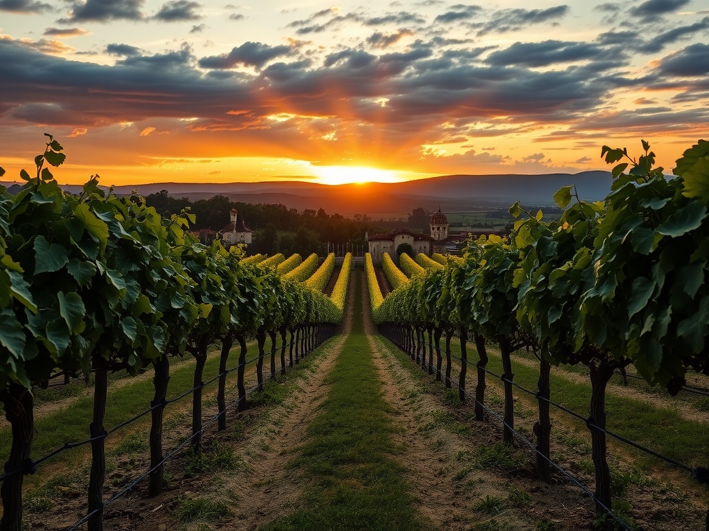 A picturesque vineyard at sunset with grapevines stretching towards the horizon and a charming building in the background.
