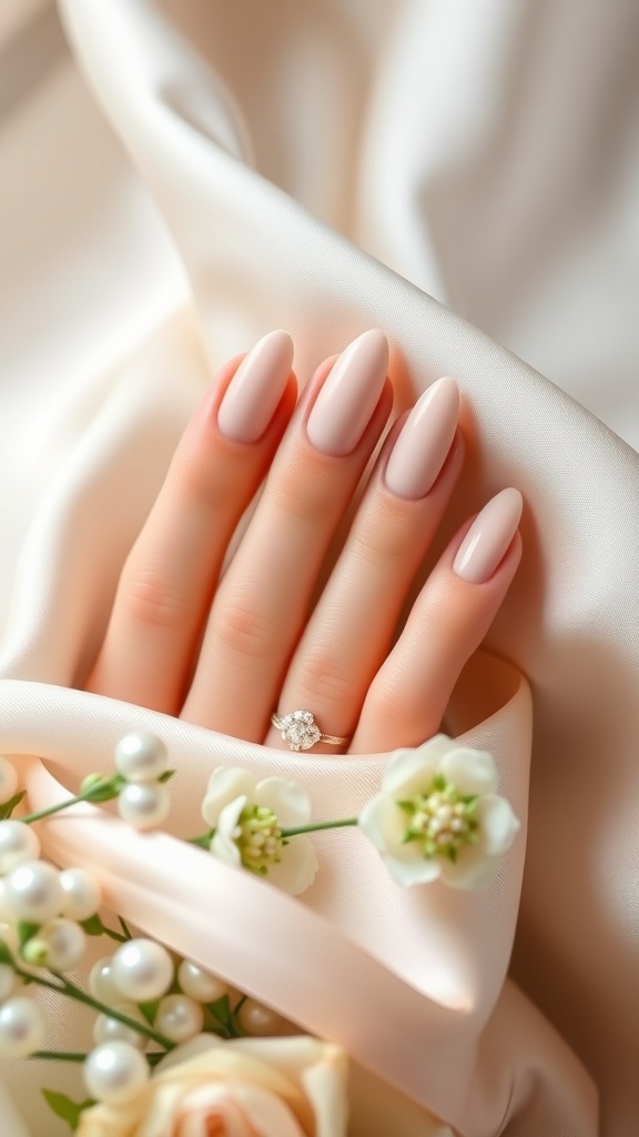 Close-up of elegantly simple matte wedding nails in soft nude color, adorned with a diamond ring and surrounded by flowers.