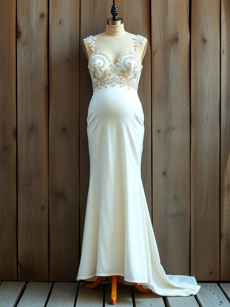 Embellished empire waist maternity wedding dress displayed on a dress form.